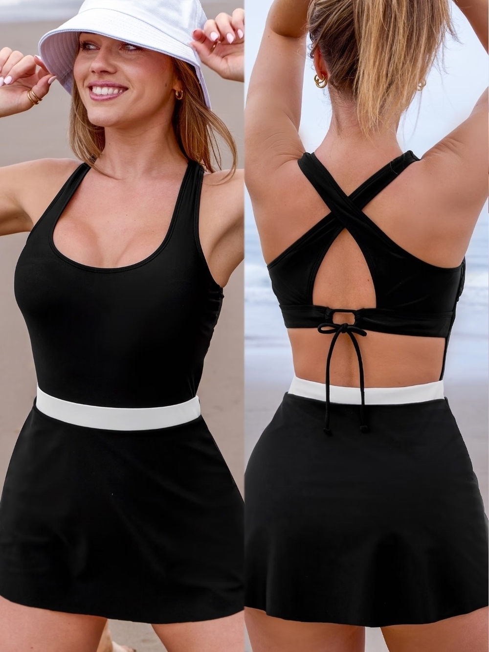 Cupshe Black One-Piece Swim Dress with White Waistband